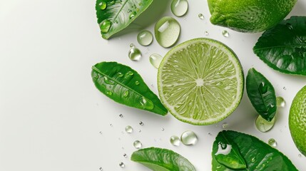 Wall Mural - Fresh lime slices with vibrant leaves and water droplets. Citrus freshness embodied in lime and dew. Zesty limes and green leaves with refreshing water accents.
