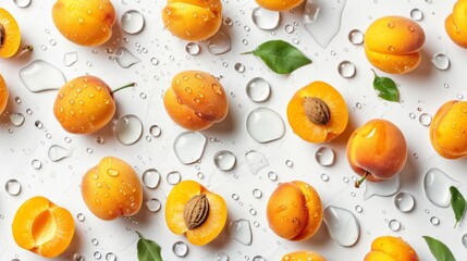 Wall Mural - Ripe apricots with water drops on white surface. Halved apricots revealing juicy interior. Fresh stone fruit with visible texture and moisture detail.