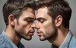 Close up of two white gay man in a romantic passionate situation tete a tete. Two handsome homosexual men in relationship.