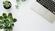 Minimalistic white background of office table with white laptop, coffee and plant on it. Shows the working environment. Top down view