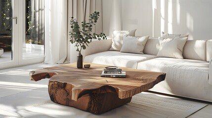 Live edge wooden coffee table near corner sofa. Interior design of modern living room in farmhouse.