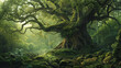 Ancient Trees: Showcase the majesty of ancient trees in a dense forest, with towering trunks and gnarled branches covered in moss and lichen, evoking a sense of reverence for nature's enduring beauty.