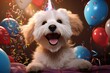 © maximilian_100 - Cute fluffy puppy dog with party hat , birthday balloons . Puppy dogs party.