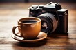 Photographers breakfast. a cup of aromatic coffee and camera as a symbol of success
