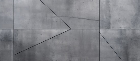 Wall Mural - A monochrome photography closeup of a grey concrete wall with a geometric pattern of rectangles, triangles, and parallel lines, showcasing symmetry and composite material