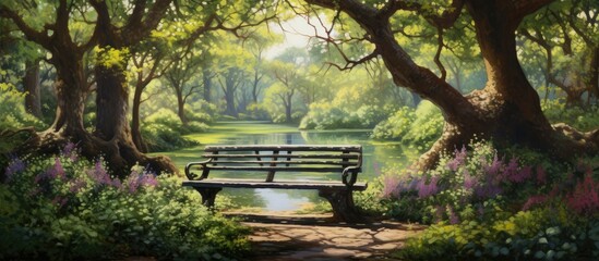 Wall Mural - A wooden park bench placed in the midst of a lush forest overlooking a serene lake. Surrounded by tall trees, green grass, and natural beauty