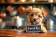 Charming hungry puppy with pleading eyes holding a 