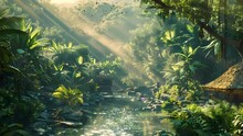 Ethereal Tropical Jungle Ambiance With Sunlight Dappling Through Trees Onto A Babbling Stream. Seamless Looping 4k Video Animation
