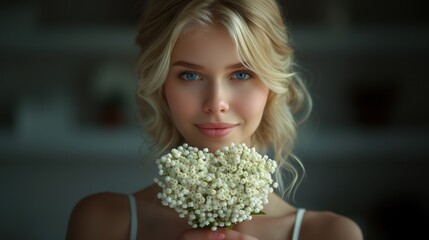 Poster - a woman holding a bunch of flowers in front of her face and looking at the camera with a smile on her face.