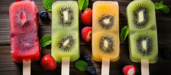 Poster - A row of plantbased ice cream bars topped with fresh fruit displayed on a rustic wooden table, perfect for a natural foods recipe or a refreshing summer snack