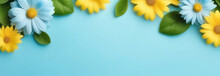 Banner With Spring Flowers In Delicate Pastel Colors, Blue, White, Green And Yellow. Space For Text, 2/3 Free Background.