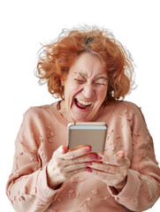 Elderly woman with surprise emotion when looking mobile phone