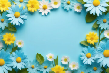 A lush and vibrant card with spring flowers in delicate pastel colors, blue, white, green and yellow. Sun rays on flowers. Space for text, 2/3 free space.