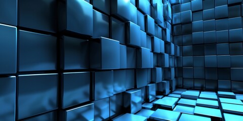 A blue room with a wall of blue cubes - stock background.