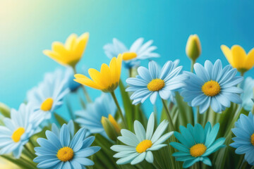 A lush and vibrant card with spring flowers in delicate pastel colors, blue, white, green and yellow. Sun rays on flowers. Space for text, 2/3 free space.