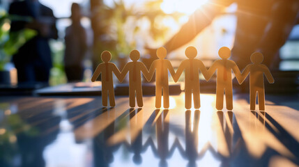 Paper people holding hands together in an unbroken chain, casting long shadows on an office table. Businesspeople and colleagues partnership and friendship, working community concept, team standing