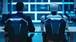 Rearview of the businessman in an elegant suit sitting in a chair next to the white and blue robot cyborg in a futuristic office interior. AI or artificial intelligence vs people, employment concept