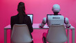 Rearview of the businesswoman in an elegant suit sitting in a chair next to the white and pink robot cyborg in a studio. AI or artificial intelligence vs people, employment concept,working on a laptop