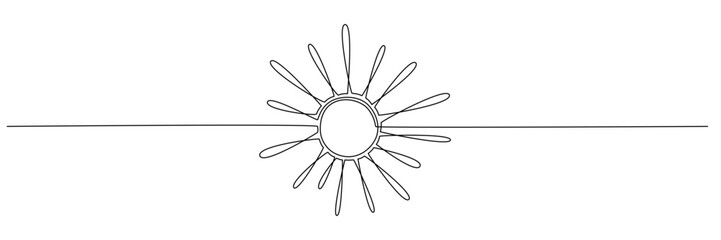 Sun - one single hand drawing continuous line banner. Vector stock illustration isolated on white background for design template summer travel poster, flyer. Editable stroke.