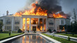 Big luxurious white house on fire at daytime, dangerous and big flame with black smoke, emergency disaster, residential property architecture