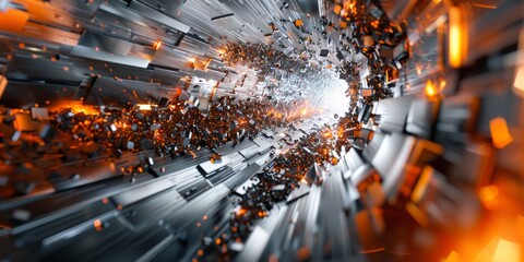 Poster - A large, dark tunnel with a lot of debris and sparks - stock background.
