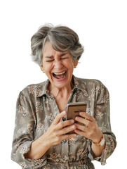 Elderly woman with surprise emotion when looking mobile phone