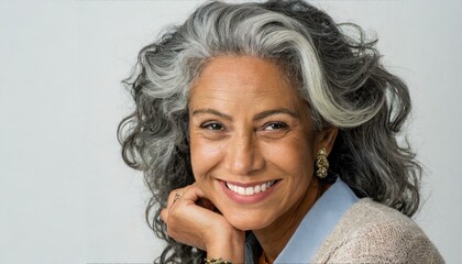 Poster - Beautiful woman with grey hair smiling and happy. Confident older lady looking joyful and strong.