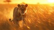 A majestic lion prowls through tall savanna grass, her golden coat glowing in the sunset.