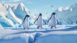 Group of penguins waddling on a pristine Antarctic ice shelf.