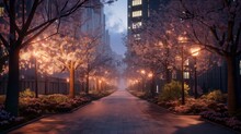 Urban Oasis A Modern City Park Adorned With Blossoming Cherry Trees Under The Soft Glow Of Streetlights,