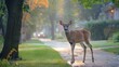 A young deer stands gracefully on a suburban road, surrounded by the softness of a misty morning's light