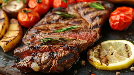 Poster - Delicious grilled beef with vegetables and lemon on table, closeup