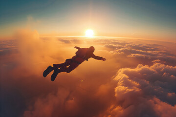 Wall Mural - Skydiver in action, parachuter free falling between the clouds, amazing sunset in the background. Extreme sport.