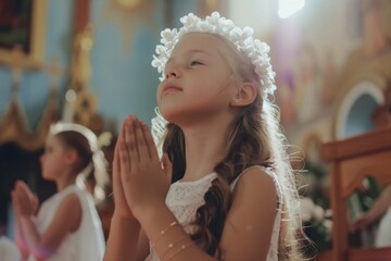 Wall Mural - cute small girl praying in the church and Jesus giving blessing, cinematic effect, studios light. 