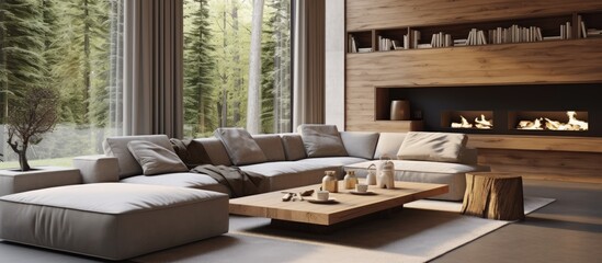 Wall Mural - Modern living room with ample natural light, gray sectional sofa, and wooden decor.