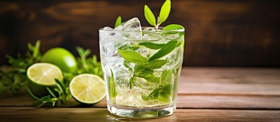 Canvas Print - A refreshing cocktail made with water, citrus, fines herbes, and a splash of alcoholic beverage, garnished with ice and mint leaves, served in a glass on a wooden table