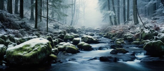 Canvas Print - A stream flows through a snowy forest, surrounded by rocks, creating a natural landscape with fluvial landforms. The event is peaceful, with the sky peeking through the darkness of the jungle