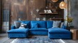 Dark blue corner sofa with wooden panel walls. Modern minimalist living room interior design. in classic style