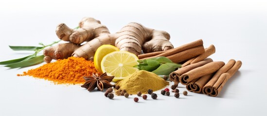 Poster - An assortment of natural foods including ginger, turmeric, cinnamon sticks, lemon slices, and other spices displayed on a white surface for culinary use in recipes