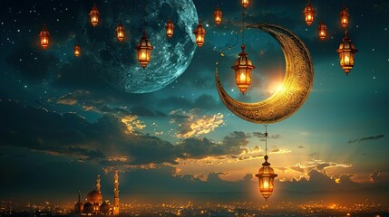 Wall Mural - Ramadan Kareem illustration banner background with Islamic Crescent and lantern and written Ramadan Kareem