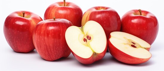 Wall Mural - A group of red apples, a natural food staple, with one sliced in half. Apples are a superfood ingredient and delicious local produce