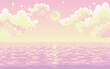 (pixel art)穏やかな海と幻想的に星と月が輝く夜空のドット絵風景画