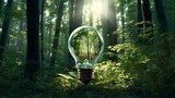 Fototapeta  - Eco-friendly lightbulb glowing in a green forest symbolizing sustainability and environmental friendliness