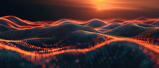 Wall Mural - cyberspace landscape at sunset, abstract technology background, wavy digital space with dots and lig