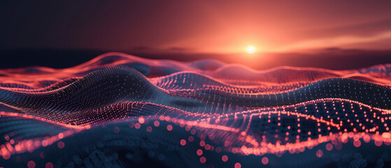 Wall Mural - cyber data landscape at sunset, abstract technology background, wavy digital space with grid and sun