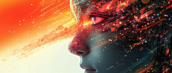 Wall Mural - face of ai humanoid robot close-up, panoramic banner of futuristic artificial intelligence and fire.