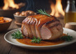 Roasted pork tenderloin, juicy and succulent oven-baked piece of meat rubbed with spices: rosemary, bay leaf, lime juice, and pepper on a plate background, close-up, side view