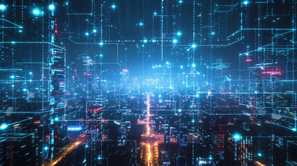Wall Mural - pattern of smart city at night, abstract blue background with network digital lines and modern build