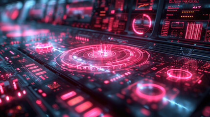 Wall Mural - interface of ai machine in futuristic hall, computer dashboard in spaceship or control room. concept