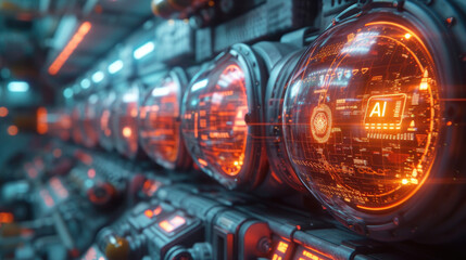 Wall Mural - interface of ai machine in futuristic room, computer terminals in spaceship. concept of technology, 